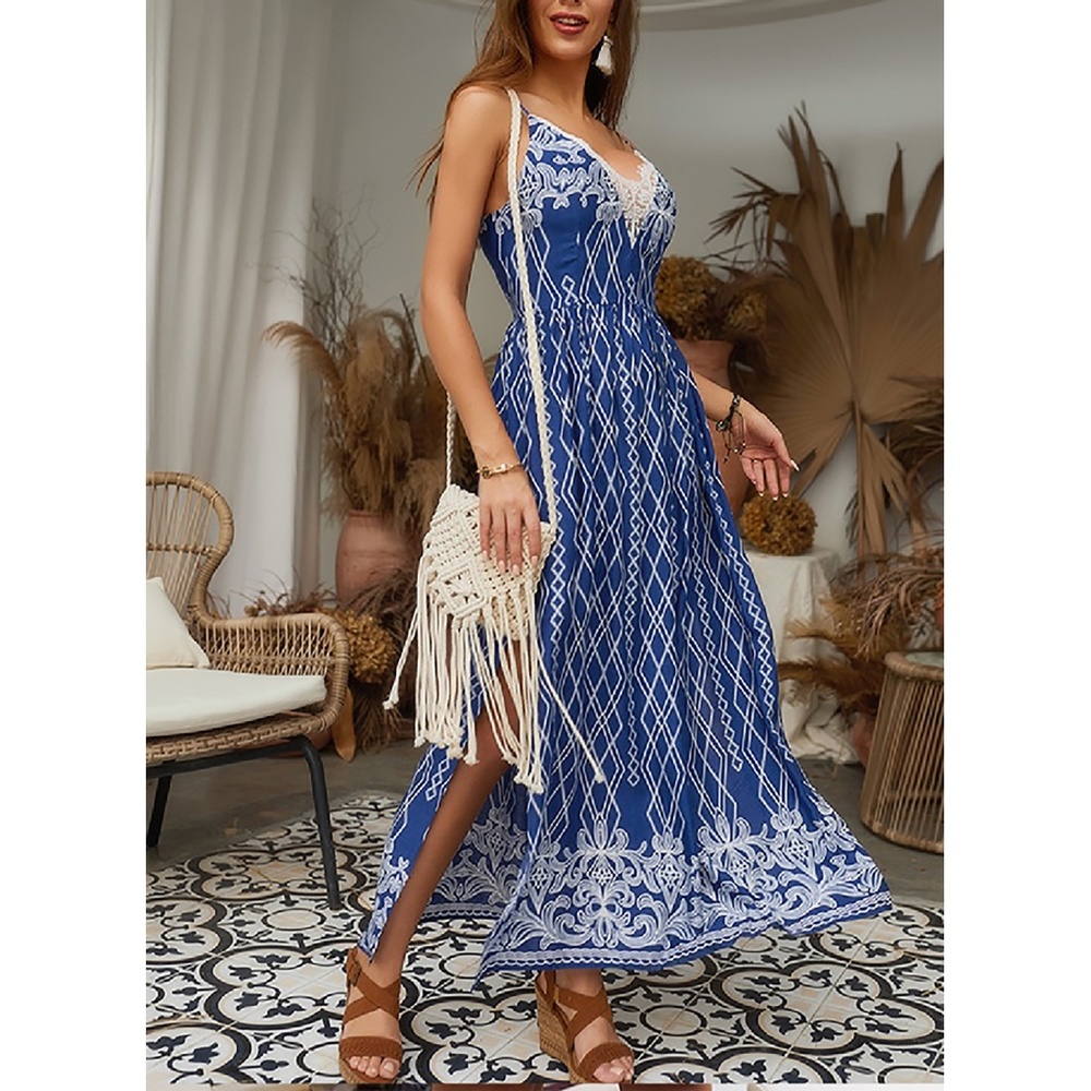 Blue Sleeveless Geometric Paisley Lace Details Side Split Maxi Dress